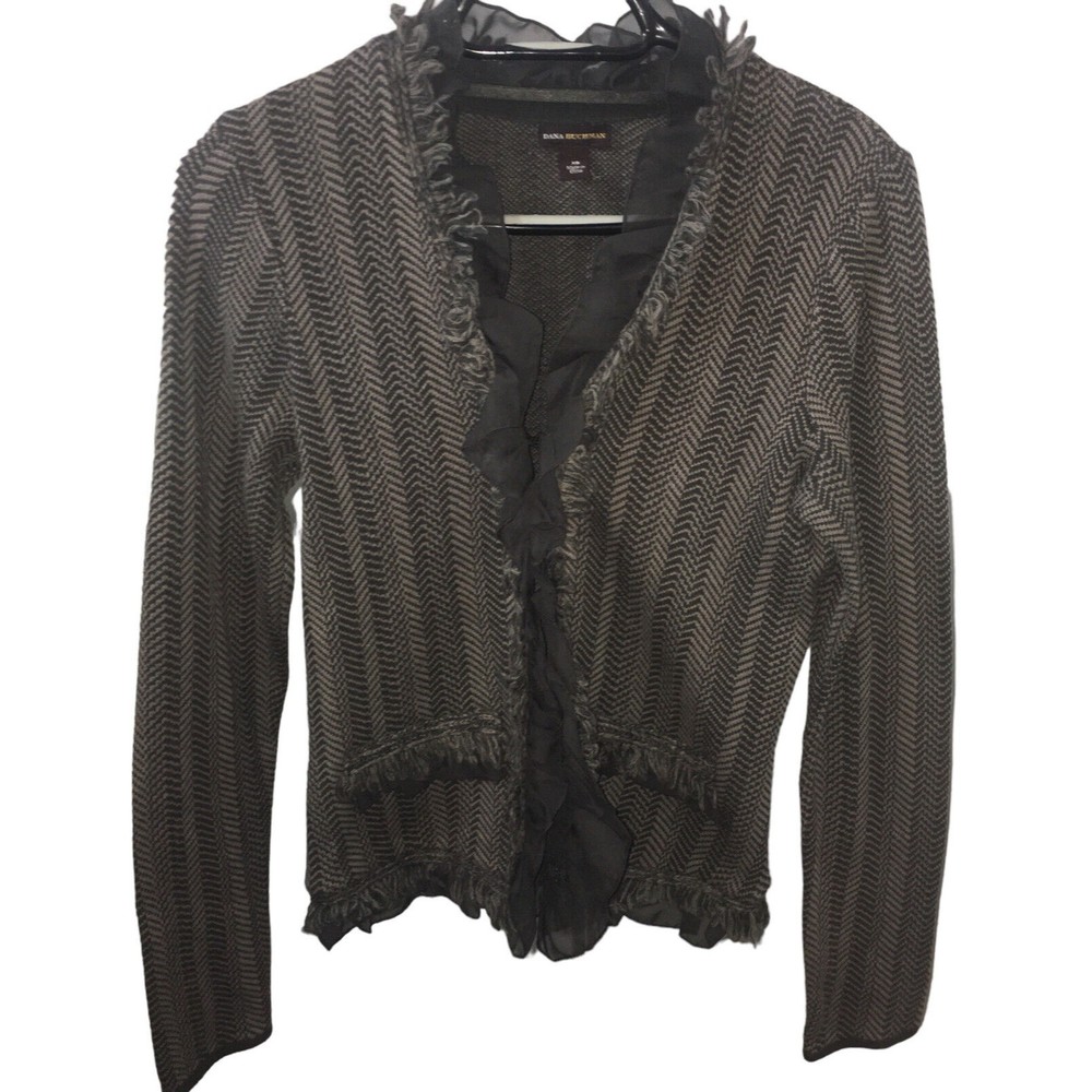Dana Buchman Wool Blend Gray Brown Fringe Ruffle Cardigan Sweater Women Sz XS